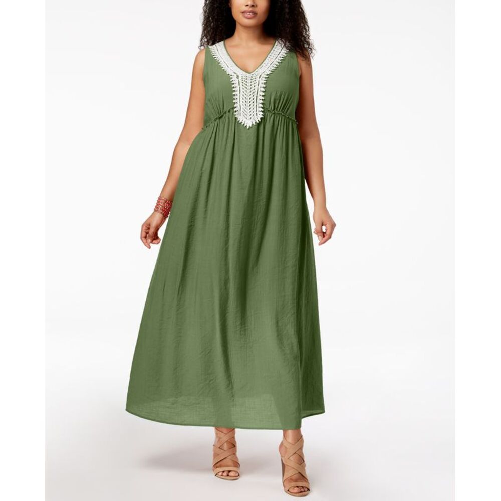 NY Collection Plus Petite Plus Size Crochet Trim Crinkle Maxi Dress